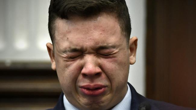 Kyle Rittenhouse breaks down on the stand as he testifies about his encounter with the late Joseph Rosenbaum during his trial at the Kenosha County Courthouse. Picture: Sean Krajacic-Pool/Getty Images/AFP