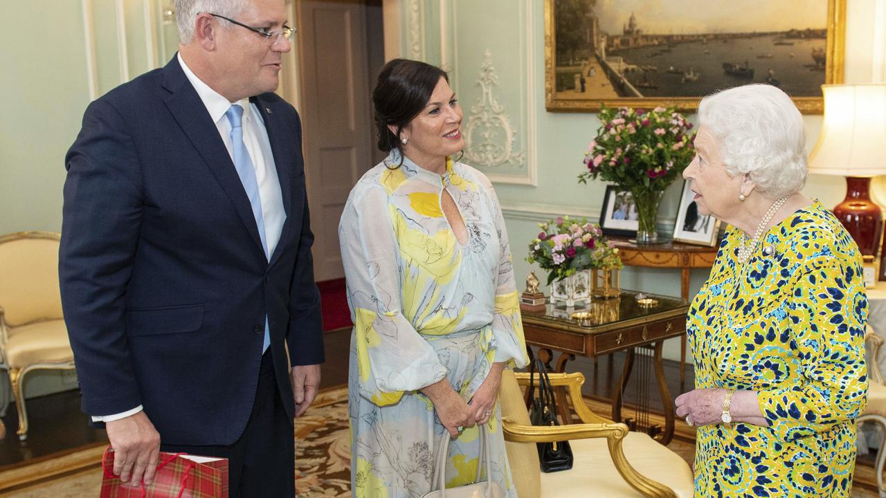 Scott Morrison and his wife Jenny gifted Queen Elizabeth a biography of Winx this week. Picture: Dominic Lipinski