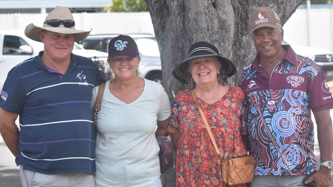 Steven Noy, Carol Noy, Deb Davis and Hedley Malone at the CQ Capras underage teams first games at Browne Park, Rockhampton, on February 25, 2023.