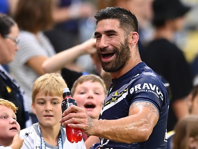 TOWNSVILLE, AUSTRALIA - MARCH 04: James Tamou of the Cowboys greets fans during the round one NRL match between the North Queensland Cowboys and the Canberra Raiders at Qld Country Bank Stadium on March 04, 2023 in Townsville, Australia. (Photo by Albert Perez/Getty Images)