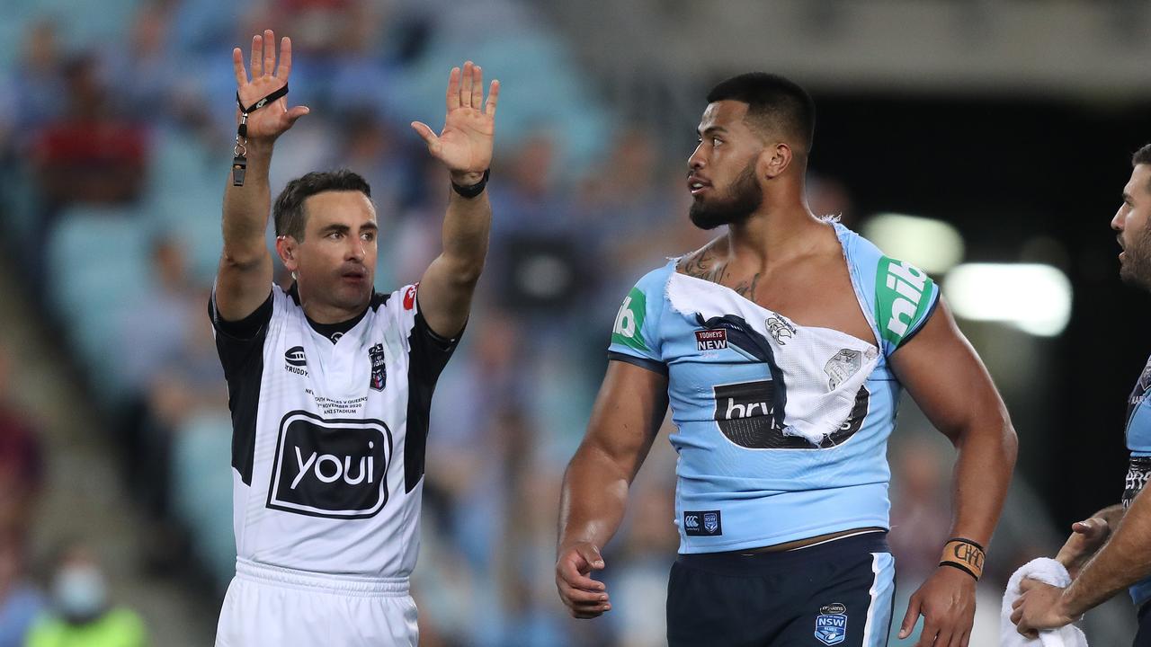 NSW's Payne Haas sent to the sin bin. Picture: Brett Costello.