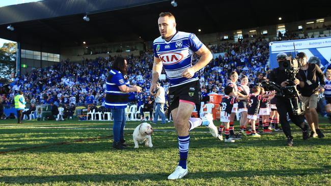 Josh Reynolds runs out for the last time as a Bulldogs player at Belmore. Picture: Mark Evans