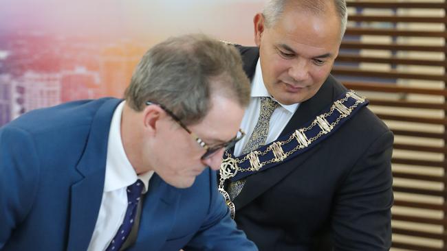 Mayor Tom Tate at Evandale being sworn in by CEO Dale Dickson. Picture Glenn Hampson.