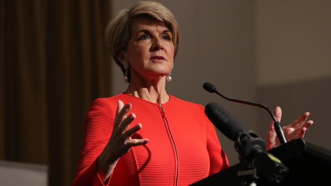 Julie Bishop speaking at the 2018 Women in National Security Conference in Canberra. Picture: Kym Smith