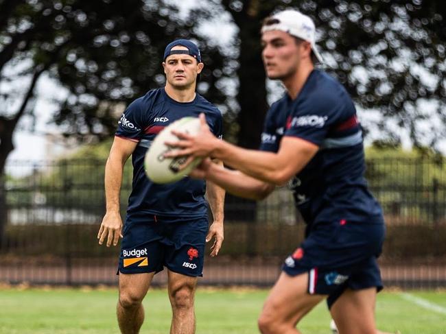 Retired Sydney Roosters champion Cooper Cronk training with Kyle Flanagan. Picture: Roosters Digital