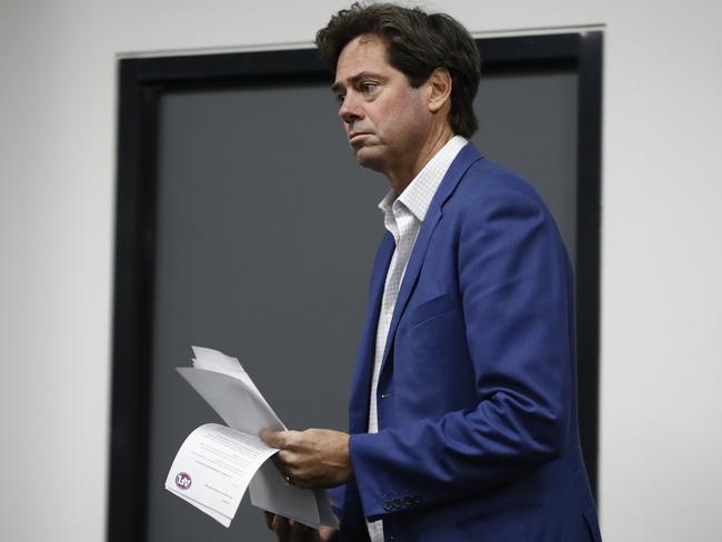 MELBOURNE, AUSTRALIA - MAY 30: AFL CEO Gillon McLachlan walks into the media centre before speakin to the media during a press conference at AFL House on May 30, 2023 in Melbourne, Australia. McLachlan spoke about the outcomes in relation to the Independent Panel Investigation into allegations of inappropriate conduct at the Hawthorn Hawks. (Photo by Darrian Traynor/Getty Images)