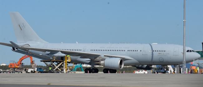 A RAAF KC-30A Multi-Role Tanker Transport (MRTT) spotted at the Brisbane airport on Wednesday. It was likely preparing to head to Exercise Talisman Sabre 2021. The MRTT is modified Airbus A330 airliner. Picture: Alistair Bulmer