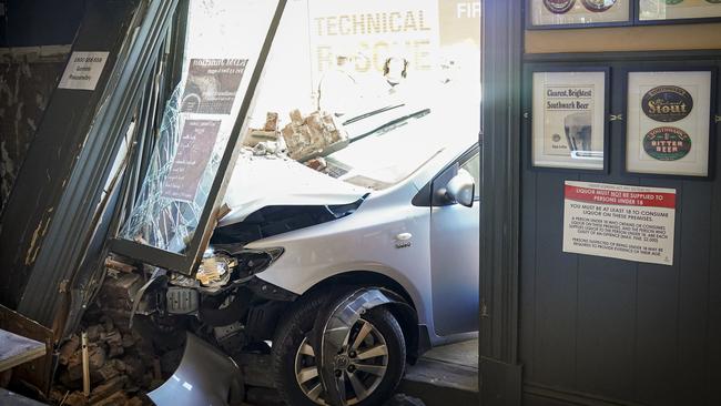 The car smashed into the pub about 10.30am on Tuesday. Picture: AAP/Mike Burton