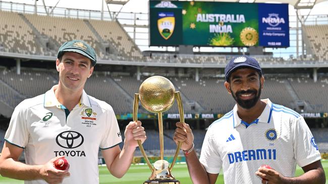 Australian captain Pat Cummins and Indian captain Jasprit Bumrah ahead of the first Test in Perth.