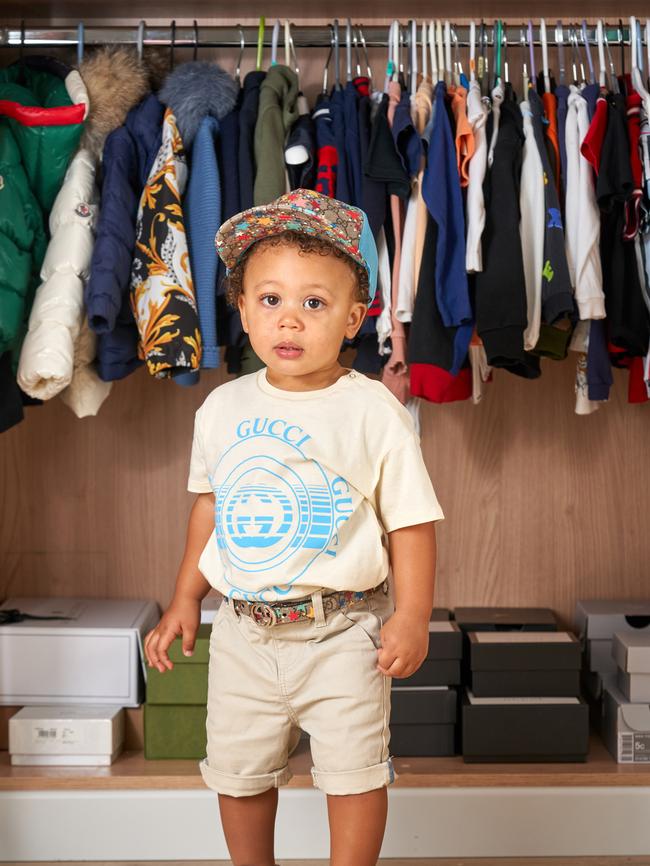 Mum Laurie estimates her 15-month-old son has a wardrobe worth around $17,000. Picture: Simon Jacobs/Caters News