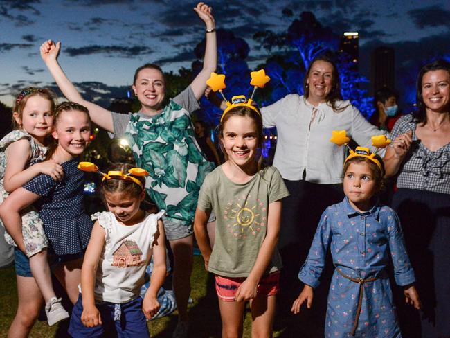 Lara and Yana Vivian, Natalya Boujenko, red shorts - Solomiia Karpenko, white top - Natalia Smoliy, Blue dress - Tonia Klimenko and Maryna Mostepan dancing the night away at Light Up. Pic: Brenton Edwards