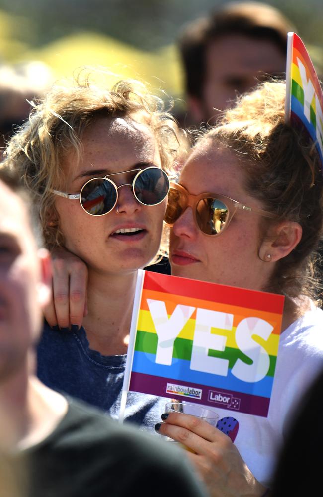 People celebrate after watching the same sex marriage vote result announcement during a picnic held by the Equality Campaign at Prince Regent Park in Sydney, Wednesday, November 15, 2017. Picture: AAP Image/David Moir