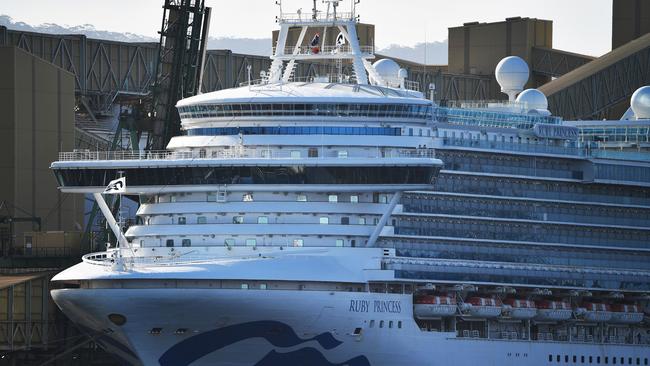 Cruise liner Ruby Princess docks at the harbour in Port Kembla. Picture: AFP