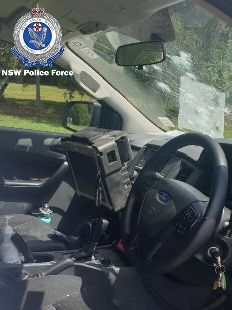 The windscreen of a police car seen after a 63-year-old man allegedly ‘peppered’ a police car with bullets in northern NSW. Picture: NSW Police