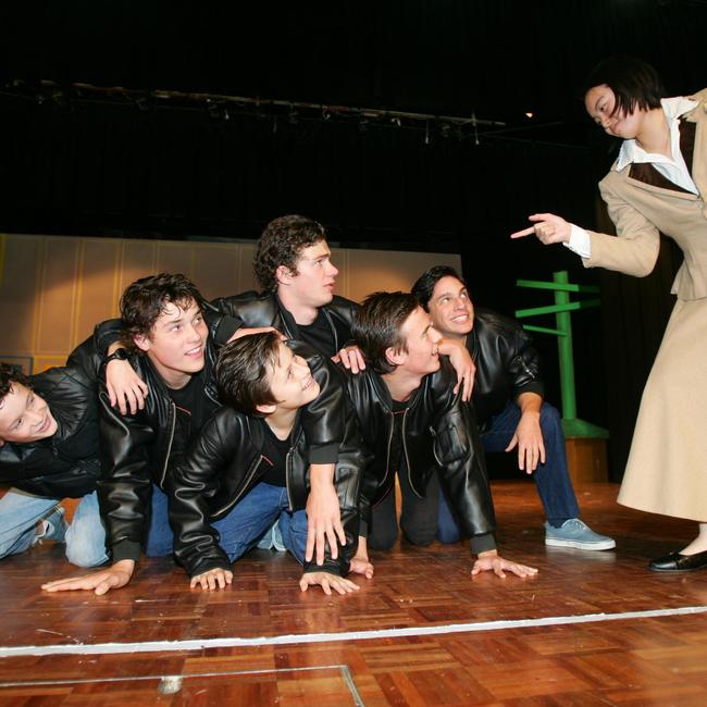 Alexander Buckmaster, Matt Rowe, Nicholas Randall, Ben Hickey, (B L-R) Timothy Newton, Nicholas Gorrono and Andrea Chan as Miss Lynch.