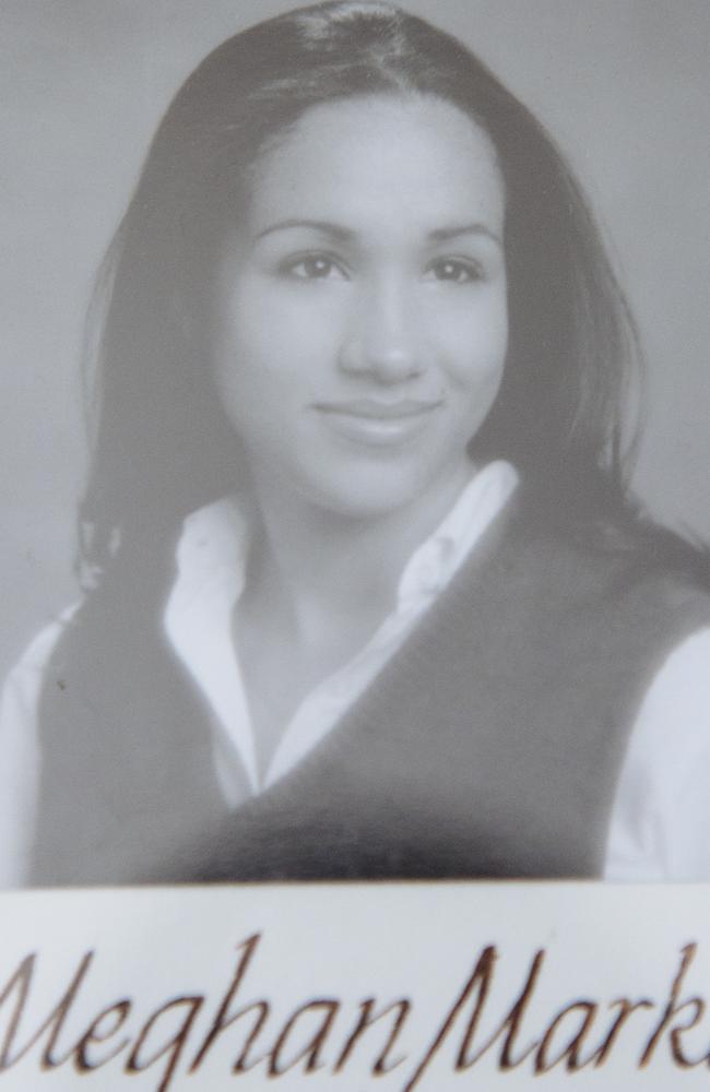 A school picture of Meghan Markle on a board commemorating the class of 1999 at Immaculate Heart High School. Los Angeles. Picture: Angus Mordant/NewsCorp Australia