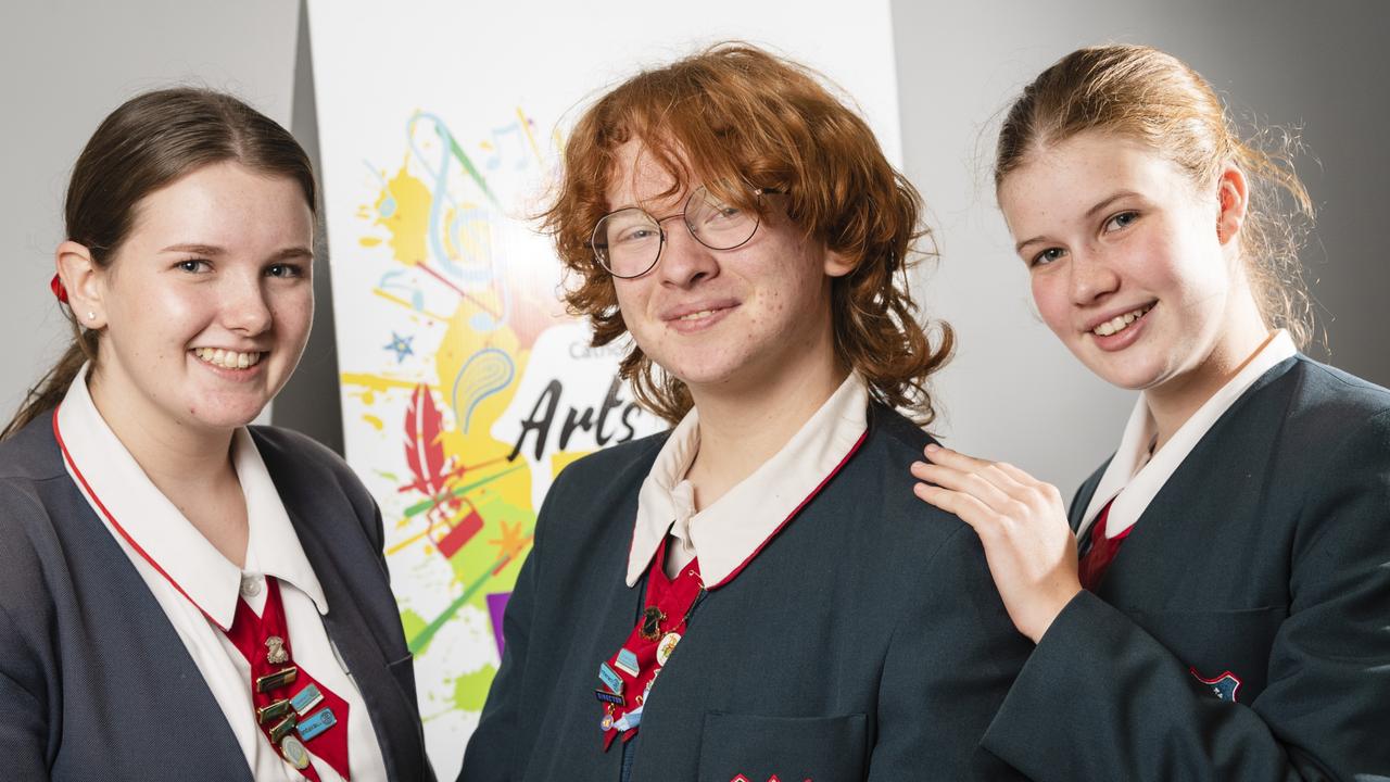 St Saviour's College students (from left) Amelia Claxton, Alby Darnell and Abby Kelderman will feature in the Toowoomba Catholic Schools Arts Fest. Picture: Kevin Farmer