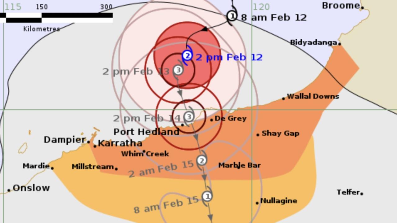 Tropical Cyclone Zelia is expected to hit the Western Australian coast as a category three cyclone. Picture: BOM