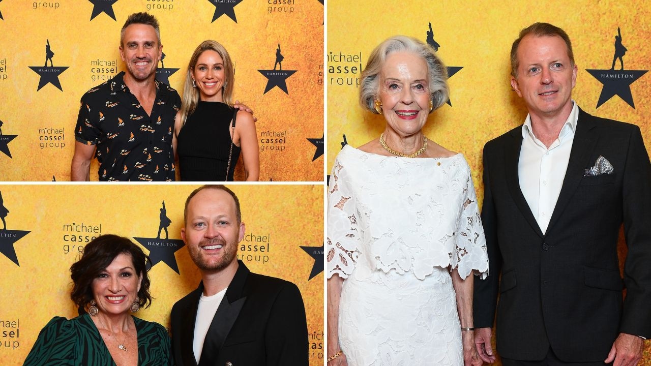 Former Queensland Bull Lee Carseldine with Mina Hoffman (top left), Minister for the Arts Leeanne Enoch with Hamilton the Musical producer Michael Cassel (bottom left) and Dame Quentin Bryce with Tom Bryce at Hamilton’s Brisbane opening night at the Lyric Theatre, QPAC. Pictures: Steve Pohlner; Jono Searle/Getty Images for Hamilton Australia