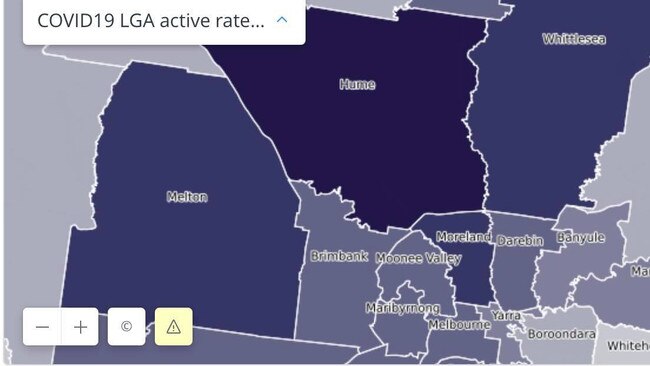 The darker areas show suburbs with lower vaccination rates in Victoria