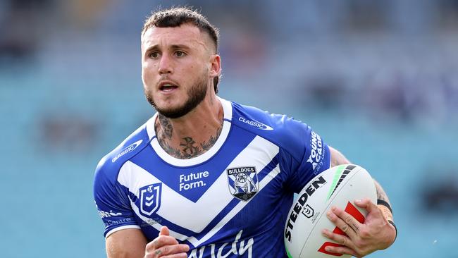 SYDNEY, AUSTRALIA - MAY 04: Bronson Xerri of the Bulldogs runs the ball during the round nine NRL match between Canterbury Bulldogs and Wests Tigers at Accor Stadium, on May 04, 2024, in Sydney, Australia. (Photo by Brendon Thorne/Getty Images)