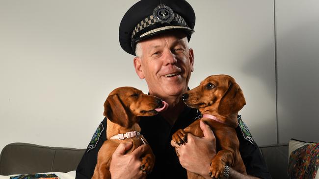 Police Commissioner Grant Stevens with his dogs Gracie, 3, and Zoe 1. Picture: Tricia Watkinson.