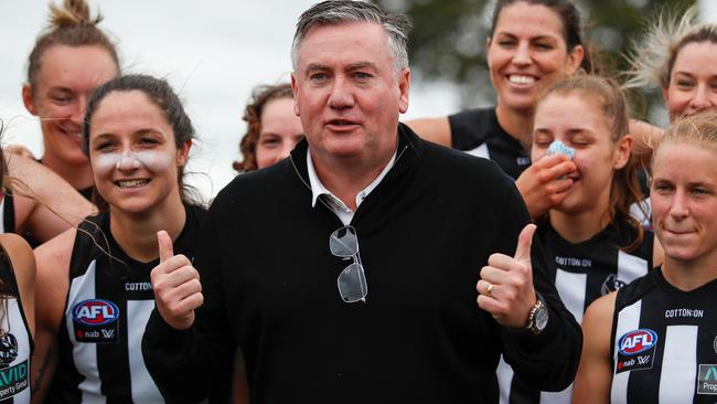 MELBOURNE, AUSTRALIA - MARCH 08: Eddie McGuire, President of the Collingwood FC is seen during the 2020 AFLW Round 05 match between the Collingwood Magpies and the Western Bulldogs at Morwell Recreation Reserve on March 08, 2020 in Melbourne, Australia. (Photo by Dylan Burns/AFL Photos via Getty Images)