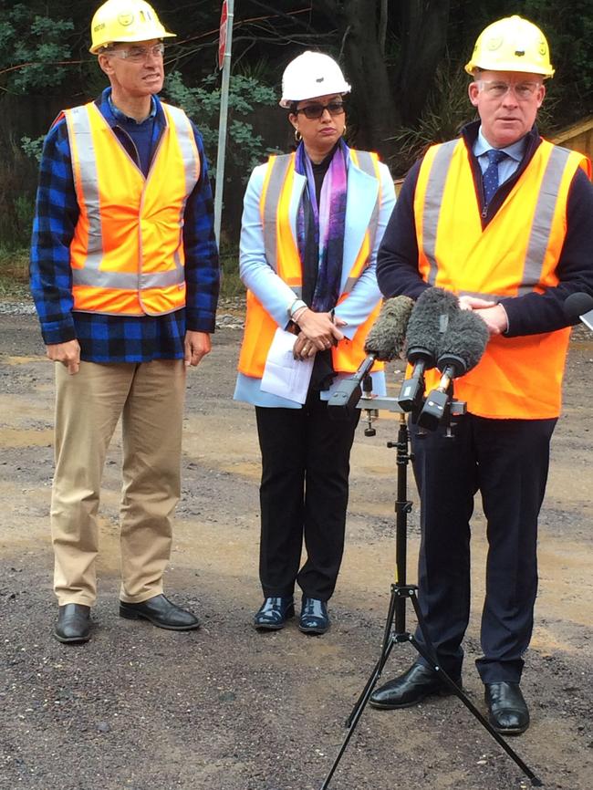 Resources Minister Guy Barnett, Copper Mines of Tasmania’s Deshnee Naidoo and Premier Will Hodgman at a Mt Lyell funding announcement in Queenstown. Picture: HELEN KEMPTON