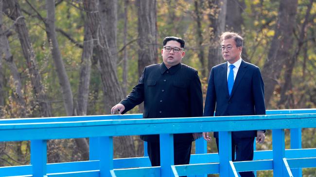 North Korean leader Kim Jong-un and South Korean President Moon Jae-in meet at the border village of Panmunjom in the Demilitarized Zone.