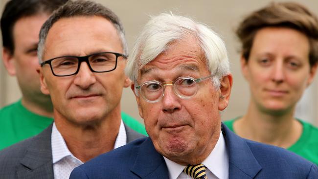 Greens leade Richard Di Natale, with Kooyong candidate Julian Burnside, has said he is proud of the diverse group put forward by the party. Picture: Stuart McEvoy