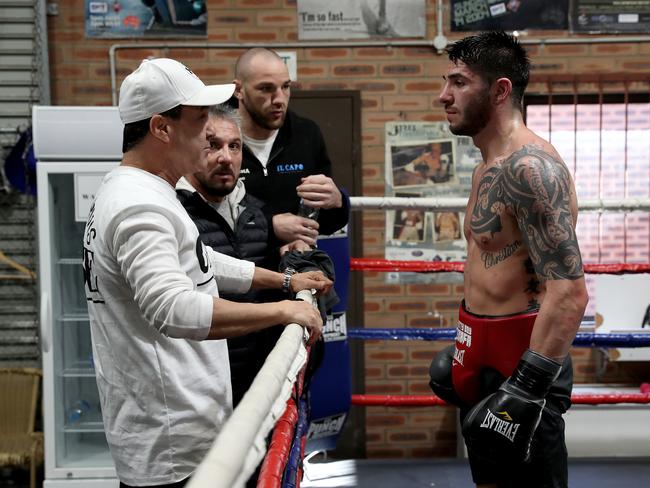 Former boxing champion Jeff Fenech gives some advice to Michael Zerafa after a sparring session in Sydney. Picture: Toby Zerna