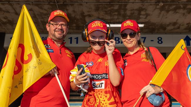 Justin Boencke, Billie Boencke and Kylie Boencke at the Gold Coast Suns v Western Bulldogs 2025 AFL match at TIO Stadium. Picture: Pema Tamang Pakhrin