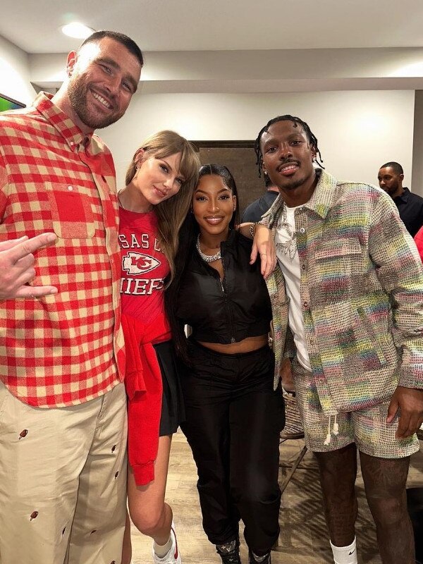 Swift and Kelce with Mercole Hardman and his partner, Chariah Gordon. Photo: Instagram.