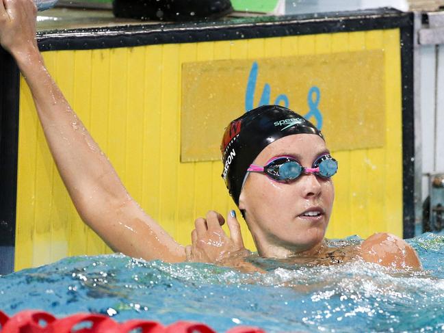 Emma McKeon, winner of the Womenâ€™s 100m Butterfly on day 2 of the Australian Swimming Championships at the Brisbane Aquatic Centre in Chandler, Monday, April 10, 2017. (AAP Image/Glenn Hunt) NO ARCHIVING, EDITORIAL USE ONLY