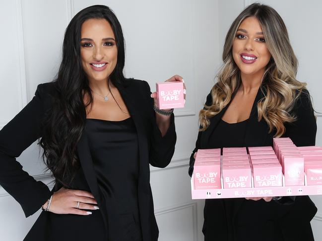 Sisters Bianca (dark hair) and Bridgett Roccisano are finalists in the 2019 Young Entrepreneur Award for Melbourne and have recently launched a new business called Booby Tape along with their fashion label Bianca and Bridgett. Picture : Ian Currie
