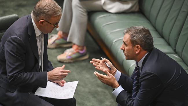 Anthony Albanese and Jim Chalmers during Question Time at Parliament House in Canberra. Picture: NCA NewsWire / Martin Ollman