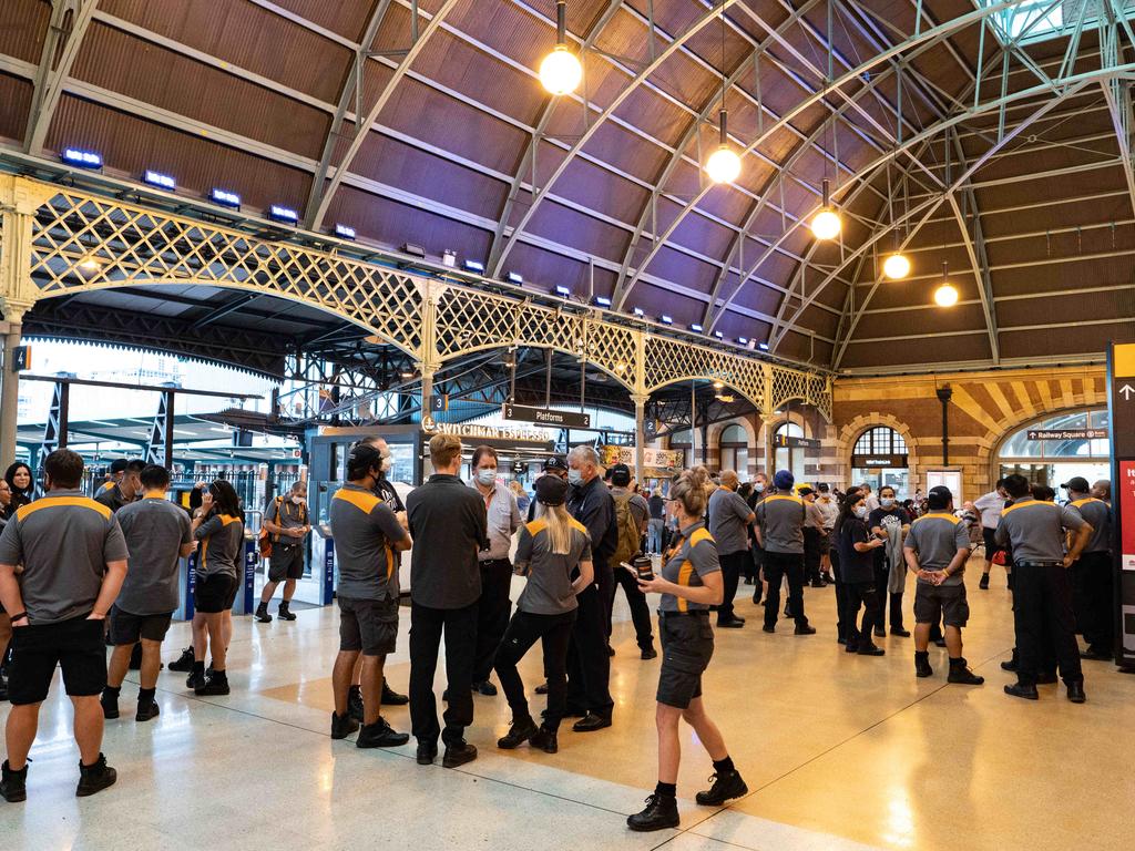 Transport NSW staff at Central Station on Monday morning. Picture: NCA NewsWire / Flavio Brancaleone