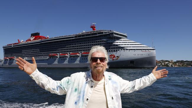 Sir Richard Branson on the Sydney Harbour with the first Virgin Voyages cruise ship, the Resilient Lady arriving in Sydney for the first time. Picture: Jonathan Ng