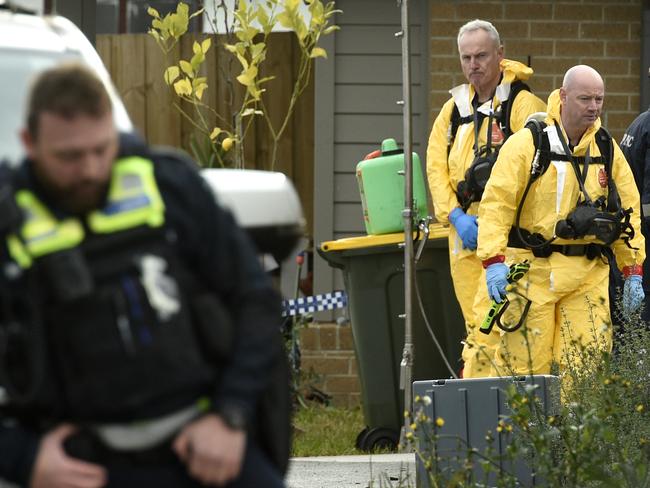 Police at a house on Bicknell Court in Broadmeadows where four people have been found dead. Picture: Andrew Henshaw