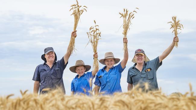 L-R: Simon, 11yo Jacob, 13yo Sylvia, and Richard Wall finished harvest on Monday. Picture: Zoe Phillips