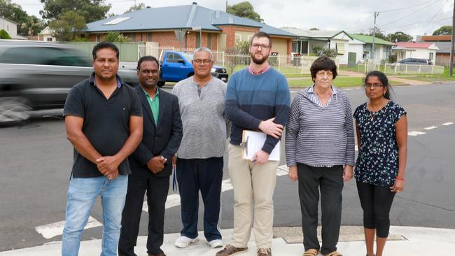 Concerned Doonside residents Raminder Sandhu, Livingston Chettipally, Skate Naufahu, Pastor JJ Bomford, Iva Maras and Premi Arun have long campaigned for safety upgrades at the intersection. Picture: Angelo Velardo