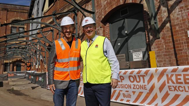 Atlassian co-founder Scott Farquhar, left, and NSW Enterprise Minister Alister Henskens at the construction site, Atlassian Central, which will anchor the Tech Central precinct. Picture: NCA NewsWire / Dylan Coker