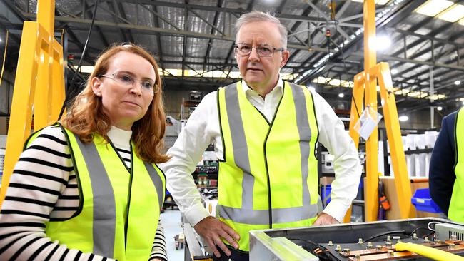 Tritium CEO Jane Hunter hosting then Opposition leader Anthony Albanese at the company’s factory on February 10, 2021. Picture: NCA NewsWire / Dan Peled