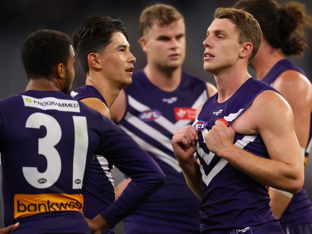 Josh Corbett (right) has been working with Freo’s AFLW forwards. Picture: Paul Kane/Getty Images