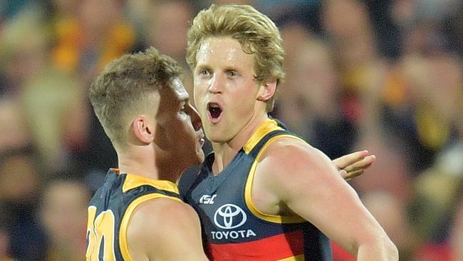 Rory Sloane reacts after kicking a goal in the win over Geelong. (AAP Image/David Mariuz)