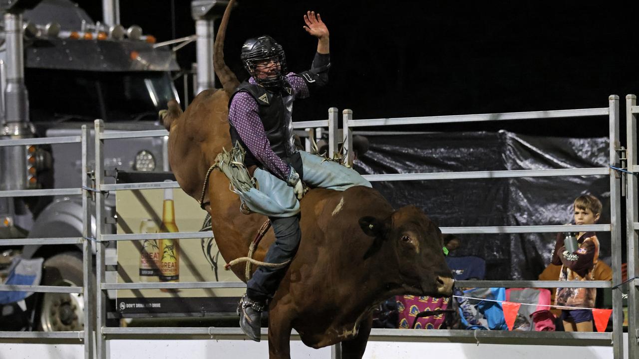 Townsville rider Dallon Finch took out the Novice Bull Ride in the Great Northern Bull riding Series at Queensland's Mossman Showgrounds, near Port Douglas, on September 28 2024. Picture: Stephen Harman