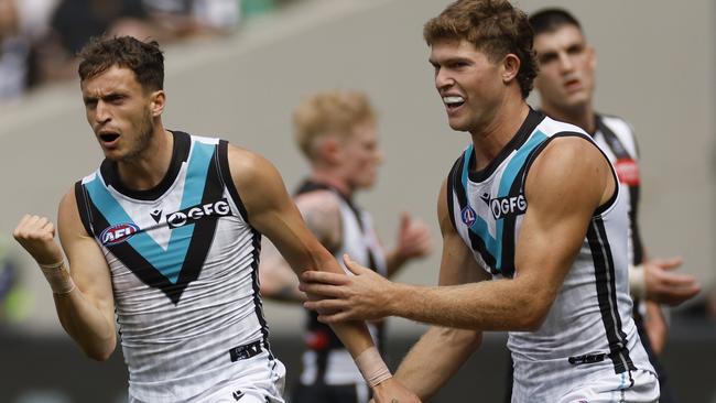 MELBOURNE, AUSTRALIA – MARCH 25: Orazio Fantasia of the Power celebrates a goal during the round two AFL match between Collingwood Magpies and Port Adelaide Power at Melbourne Cricket Ground, on March 25, 2023, in Melbourne, Australia. (Photo by Darrian Traynor/Getty Images)