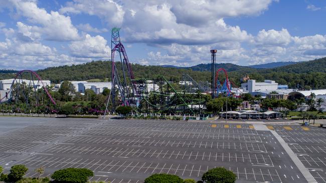 The empty carpark of Warner Bros. Movie World nine months ago. Picture: Jerad Williams