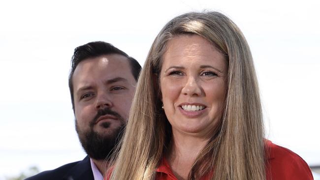 Brisbane City Council Labor campaign launch. Labor Lord Mayoral candidate Tracey Price (red), Council Opposition Leader Cr Jared Cassidy (suit), Labor Councillor for Morningside Ward Cr Lucy Collier (purple and orange)