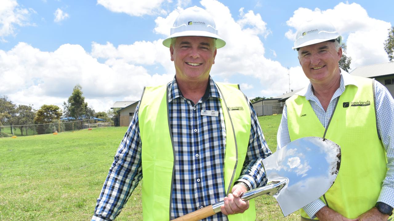 Starting work on a new two-storey learning building at Glenvale Christian School are (from left) Newlands general manager John Ryan and principal Brett Munro.